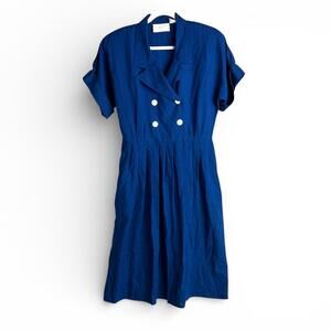 Vintage Royal Blue Double-Breasted Twee Nautical Midi Dress Buttons